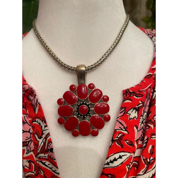 Premier Designs Reversable Enamel Pendant Teal Blue Red Flower Necklace 18" - Picture 2 of 8